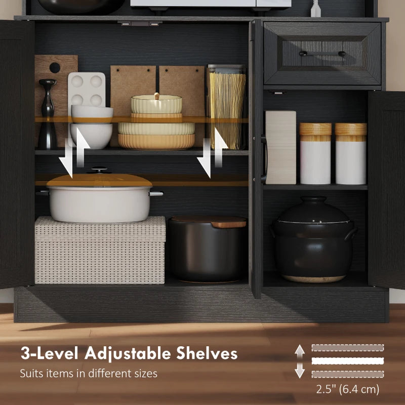 71" Pantry Cabinet with Charging Station, Kitchen Storage Cabinet with Microwave Stand, Adjustable Shelves, Black