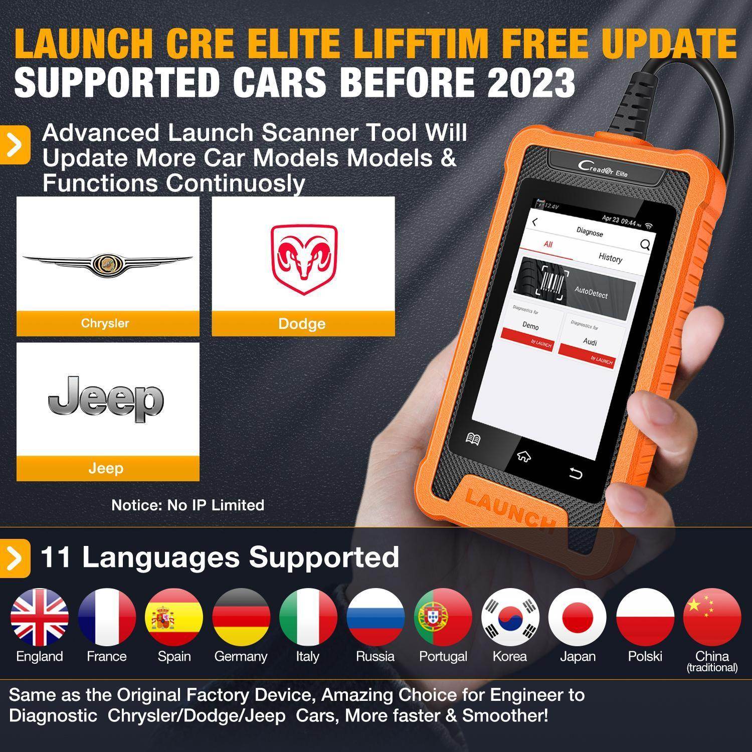 US EU Warehouse Launches CRE Full System Diagnostic Tool For Chrysler And OBD2 Code Reader Car Scanner For JEEP And DODGE