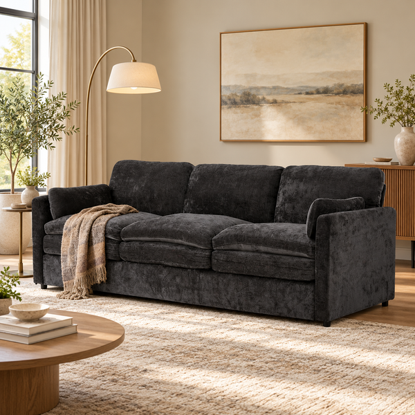 89-Inch Chenille Sofa – Modern 3-Seater Couch with 2 Removable Pillows, Black