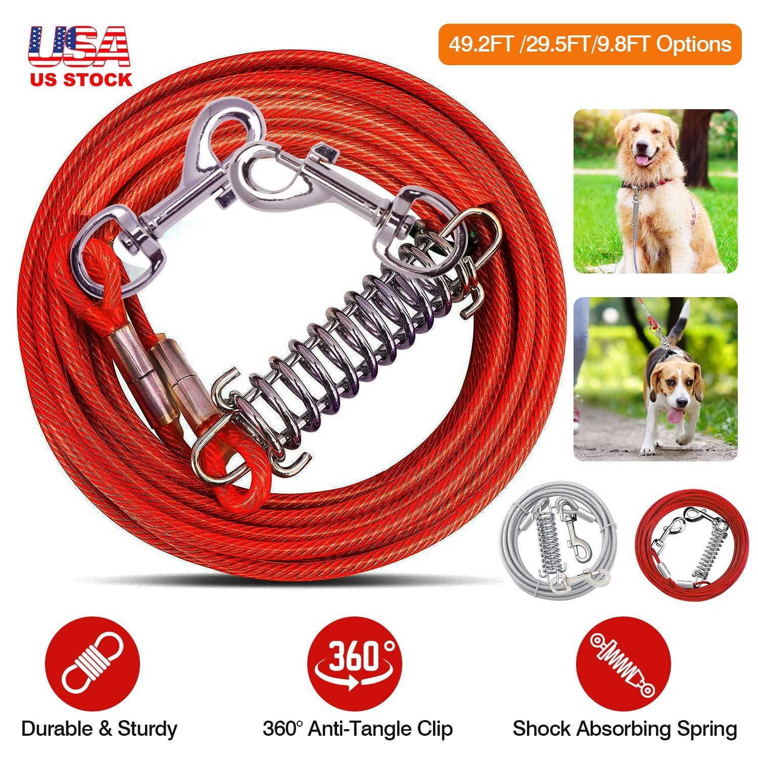 29.5FT Dog Tie Out Cable Long Dog Leash Chew Proof Lead Dog Chain with Durable Spring 360° Rotatable Clips PVC Case for Outside Yard Caming