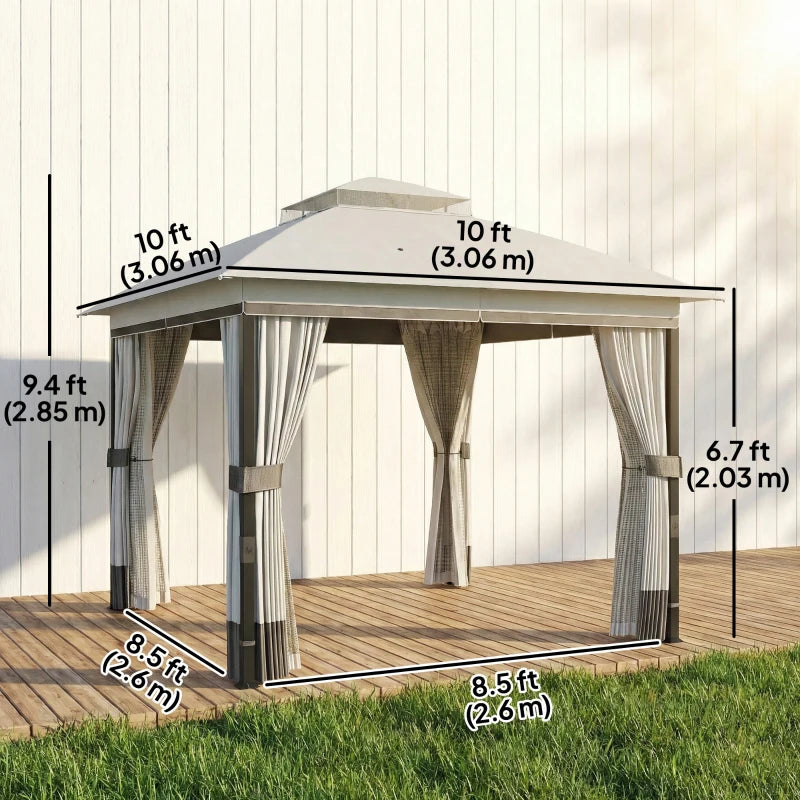 10' x 10' Patio Gazebo with Double Roof, Mesh Netting & Curtains, Steel Frame Outdoor Garden Gazebo, Light Grey