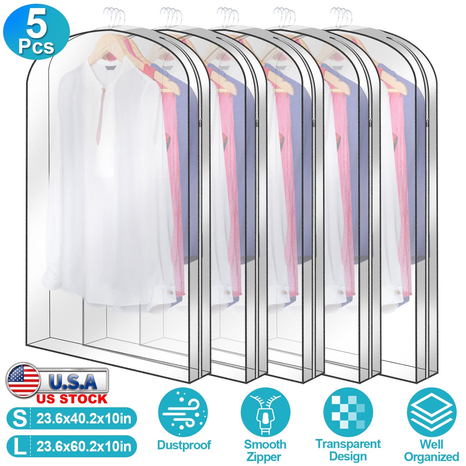 5 Pack 40In Garment Bag for Hanging Clothes Dustproof Waterproof Hanging Clothes Storage Bag Clear Transparent Suits Cover for Sweater Jacket Coat Dre