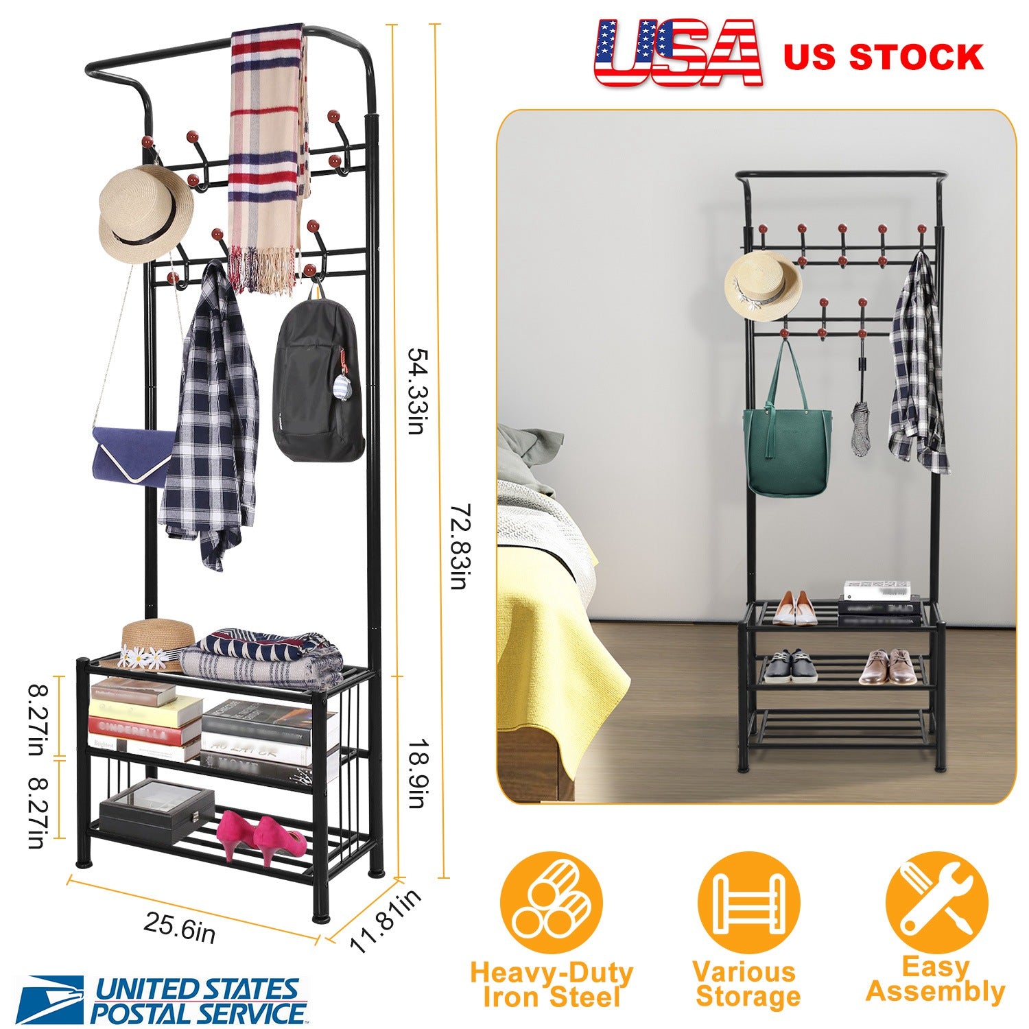 Metal Entryway Coat Shoe Rack Hall Tree w/ 3-Tier Shoe Bench Shoe Storage 18 Hooks Coat Hat Rack
