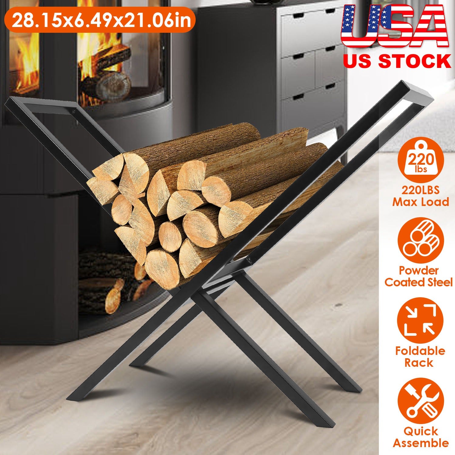 Firewood Log Rack 220LBS Steel Wood Lumber Storage Stacking Rack X Shape Storage Holder for Fireplace Firepit