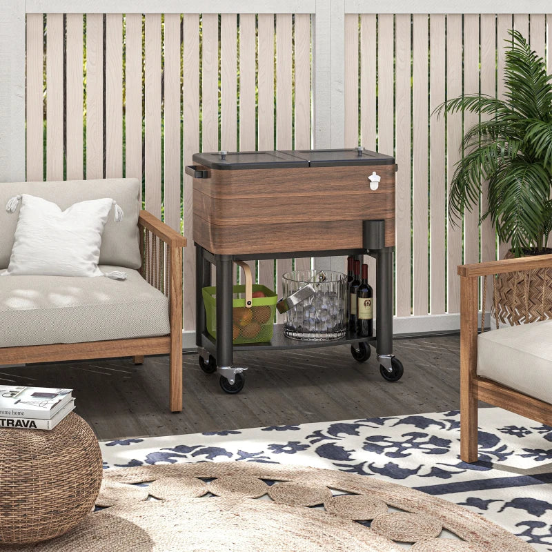 Patio Cooler, 60qt Portable Outdoor Cooler with Locking Wheels, Storage Shelf, Bottle Opener for Patio Backyard, Brown