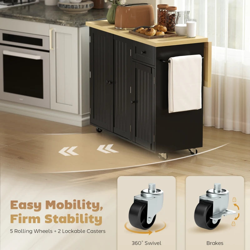 Kitchen Island Cart, Rolling Kitchen Island Table with Drop Leaf, Drawer, Spice and Towel Rack, Black