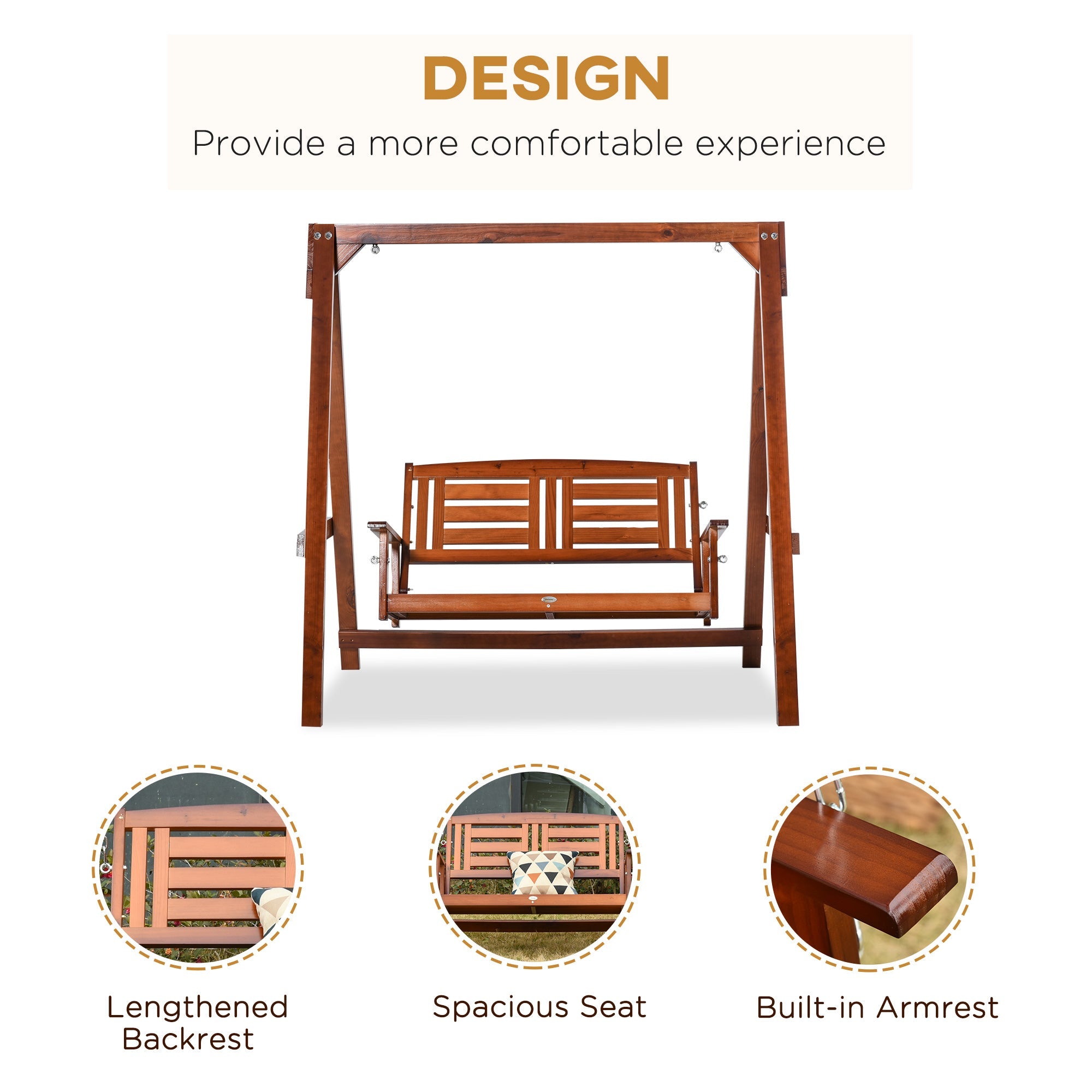 Outsunny 2 Seater Wooden Patio Swing with Stand Adjustable Chains for Garden Poolside Backyard