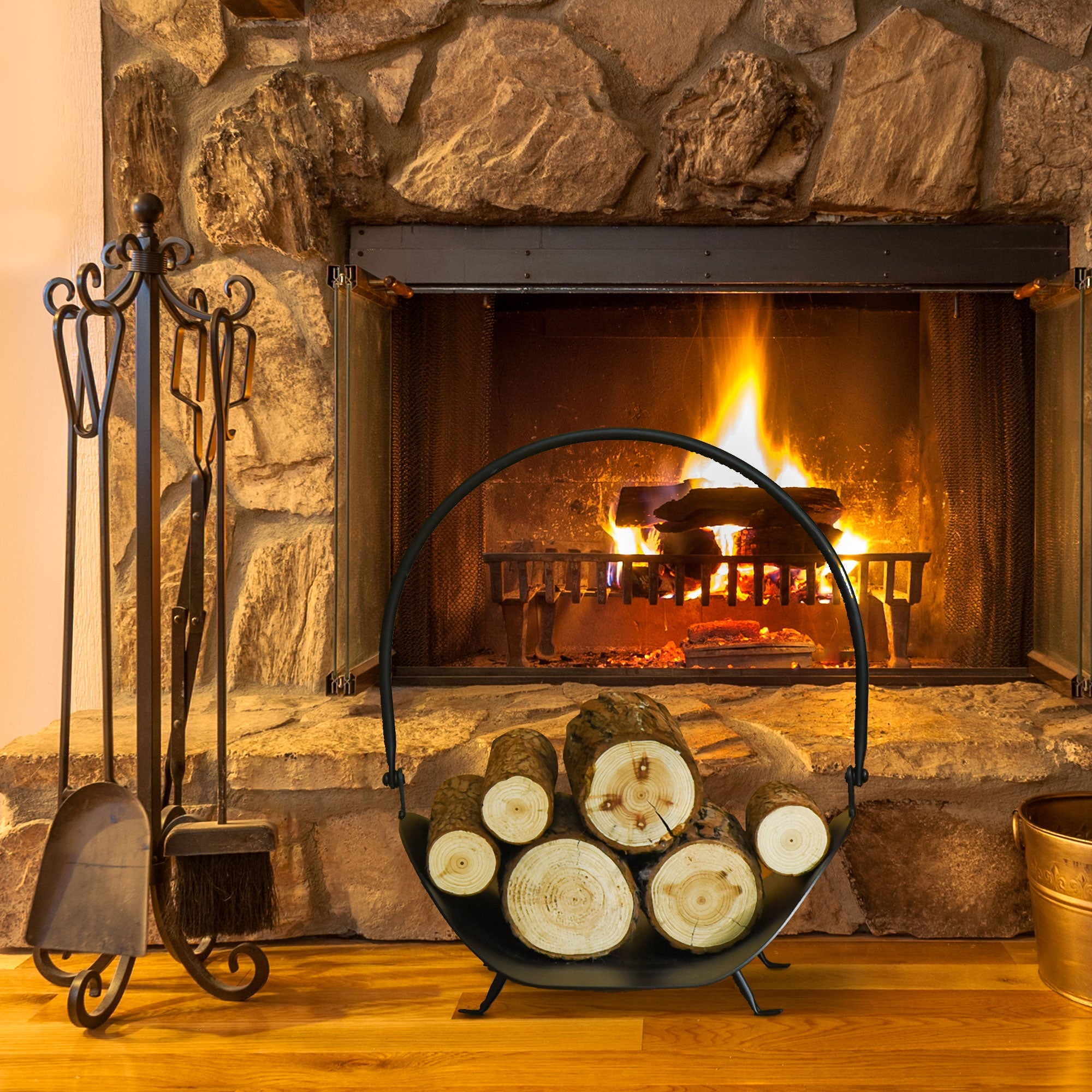 Outsunny Fireside Flair: 16" Curved Firewood Log Rack, Fireplace Wood Storage Basket Carrier with Handle, Indoor Outdoor, Black