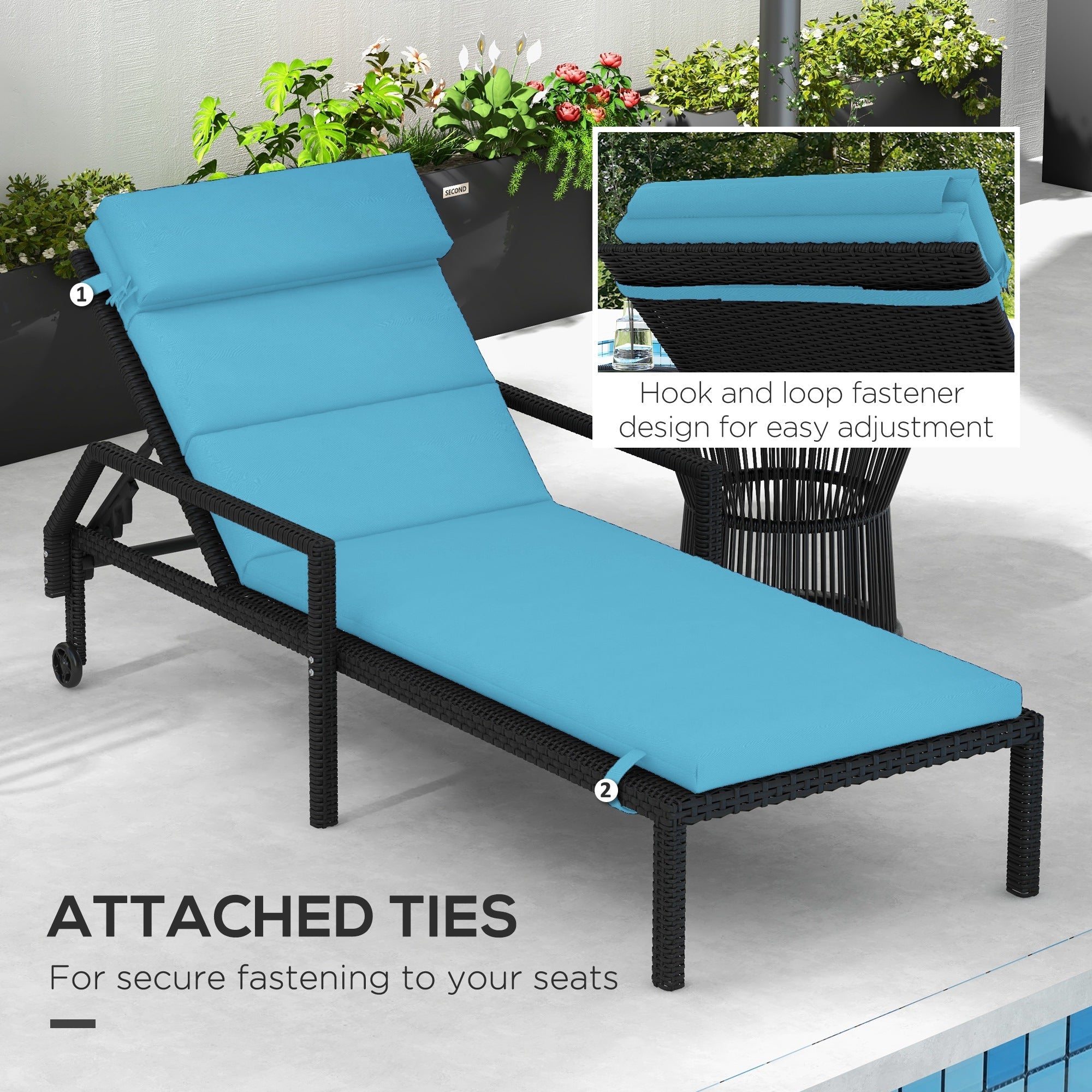 Outsunny Patio Chaise Lounge Chair Cushion Replacement Sun Lounger Pads with Headrest and Ties, Turquoise