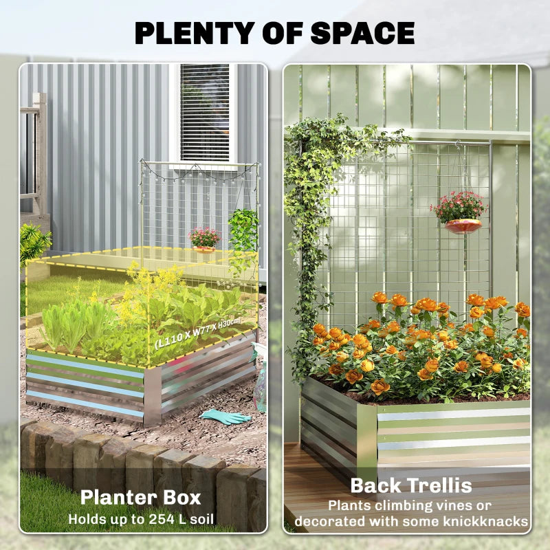 Galvanized Raised Garden Bed with Trellis for Climbing Plants, Outdoor Planter Box with Open Bottom, Silver