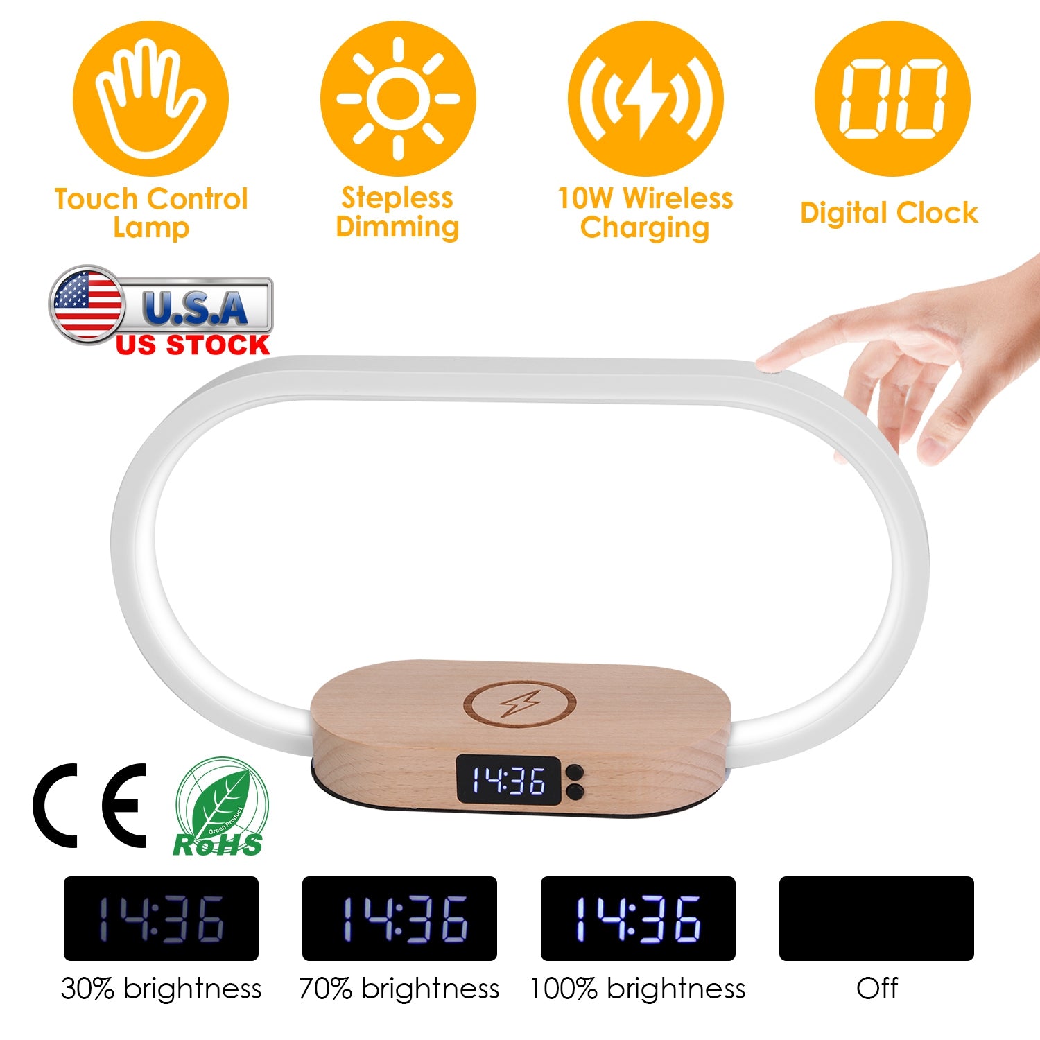 Bedside Table Lamp Touch Control Lamp with Clock Wireless Charging LED Desk Lamp Dimmable Nightstand Reading Lamp