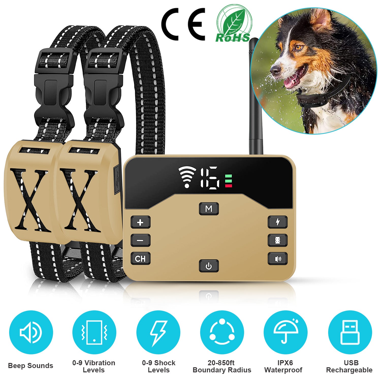 2 In 1 Wireless Electric Dog Fence Waterproof Pet Shock Boundary Containment System Electric Training Collar with 2 Receiver Collars for Small Medium