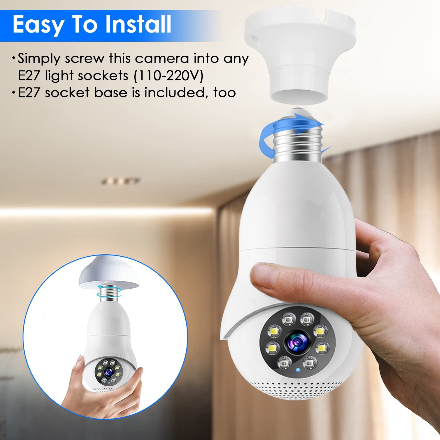 E27 WiFi Bulb Camera 1080P FHD WiFi IP Pan Tilt Security Surveillance Camera with Two-Way Audio Night Vision Flood Light Motion Tracking Siren Functio
