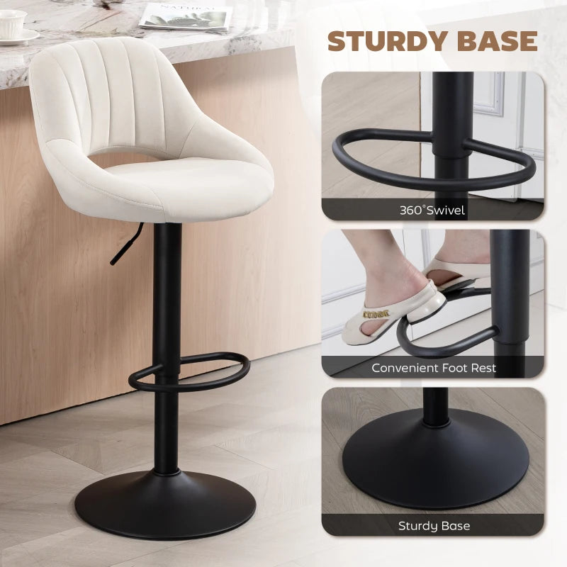 Bar Stools Set of 2, Swivel Counter Height Barstools with Adjustable Height, Plush Upholstered Bar Chairs with Round Metal Base and Footrest, Cream
