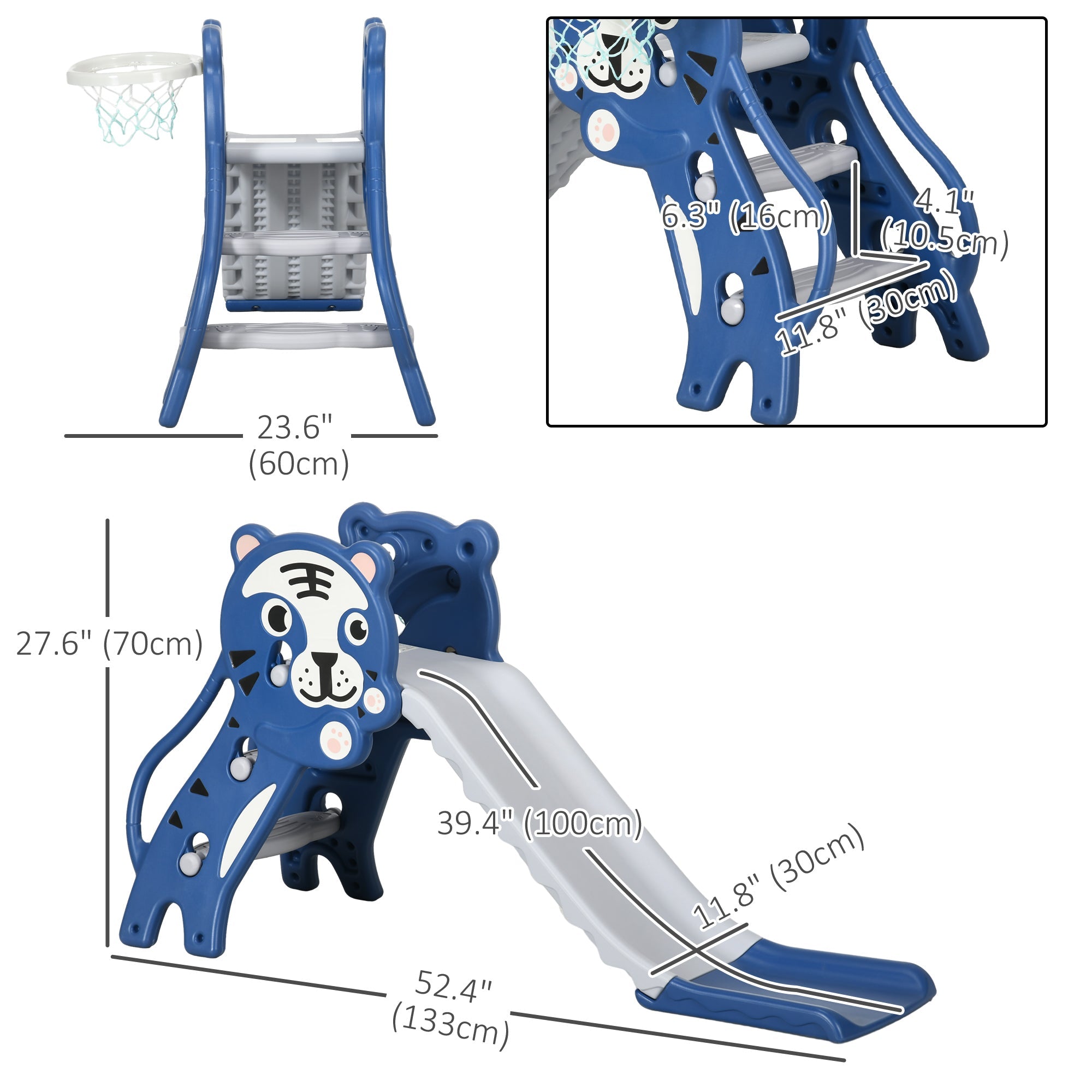 Qaba Kids Slide with Basketball Hoop Indoor Baby Slide Easy Setup for Toddlers 18-36 Months Blue