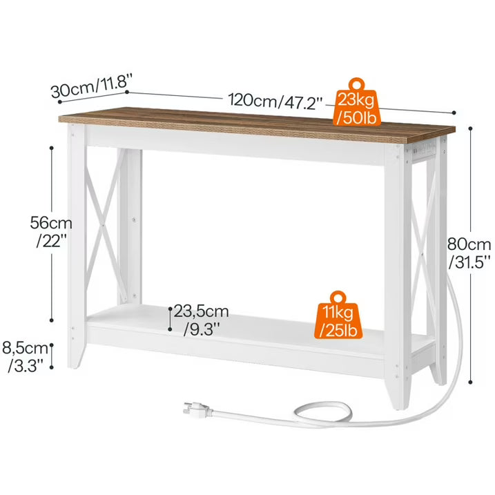 HOOBRO 47.2" Console Table with Charging Station, Farmhouse Entryway Sofa Table with Storage Shelf, Oak Brown & Antique White