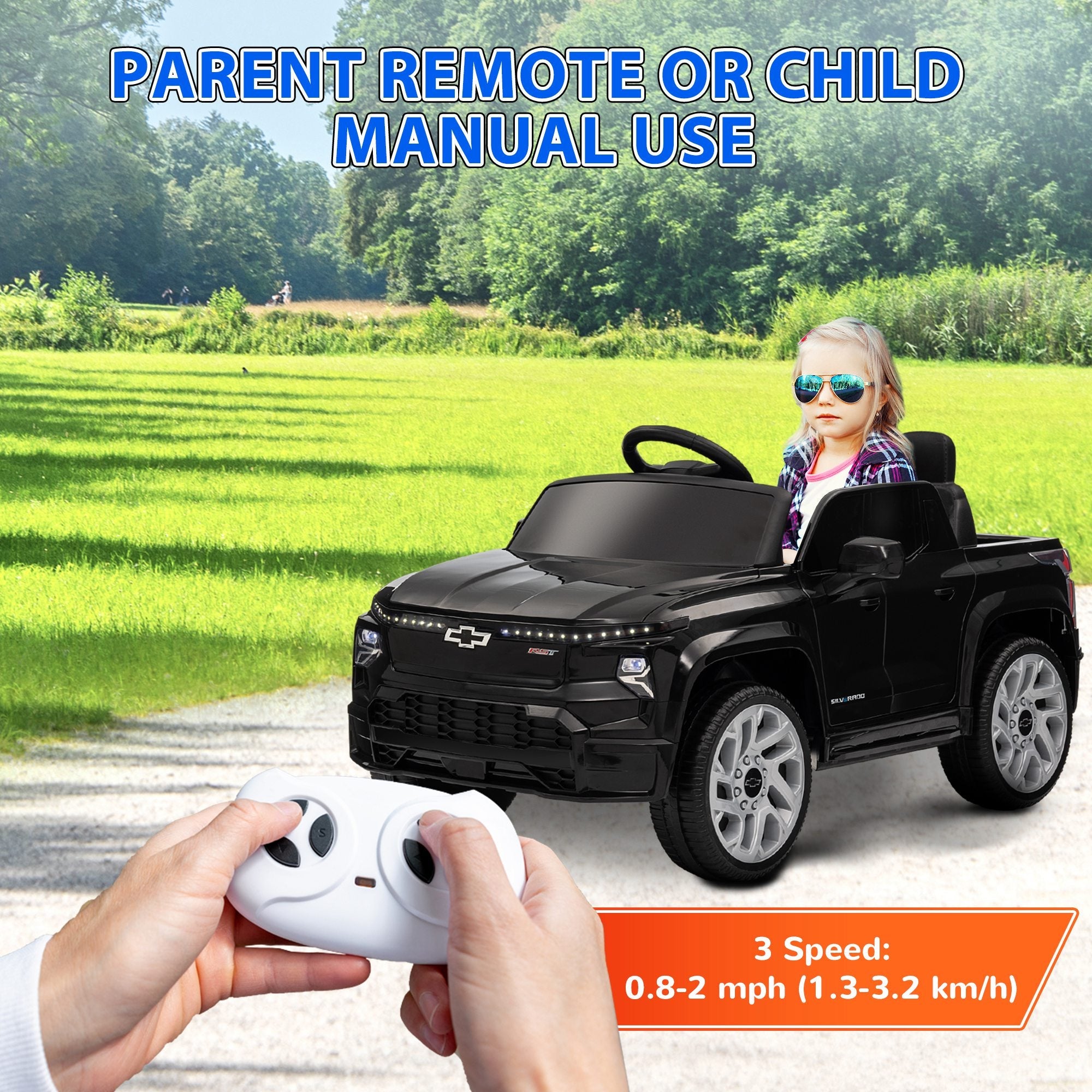 Qaba 12V CHEVROLET SILVERADO EV RST Licensed Kids Car w/ Remote, Spring Suspension, Soft Start, Training Wheels, Black