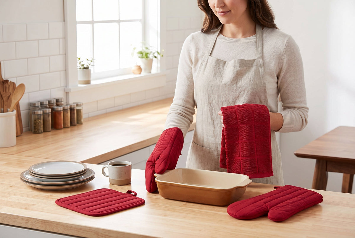 Oven Mitts, Pot Holder and Kitchen Towel Set, 4 Pieces, 100% Cotton