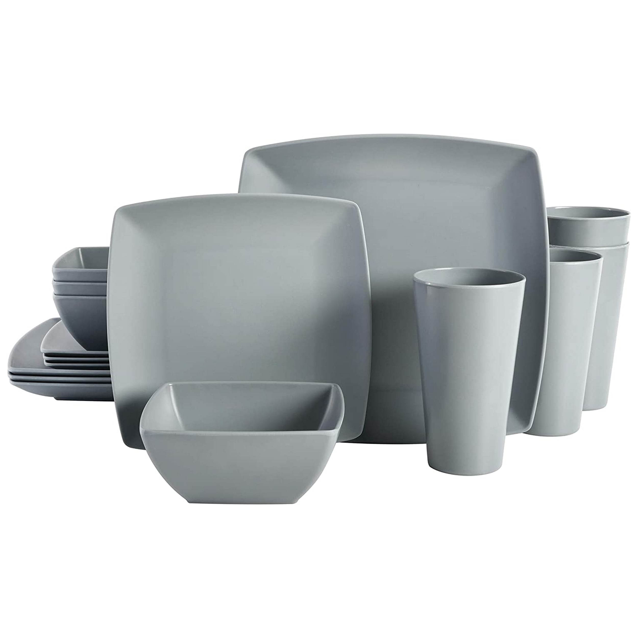 Gibson Home Grayson 16 Piece Square Melamine Dinnerware Set in Grey - Free Shipping
