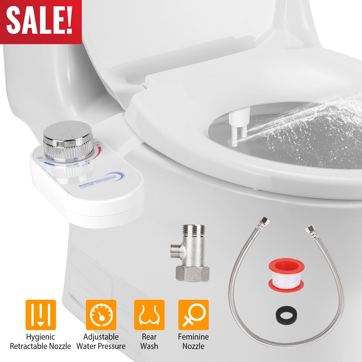 Non Electric Cold Water Mechanical Bidet Toilet Seat Attachment Fresh Water Sprayer Dual Nozzles for Feminine Wash