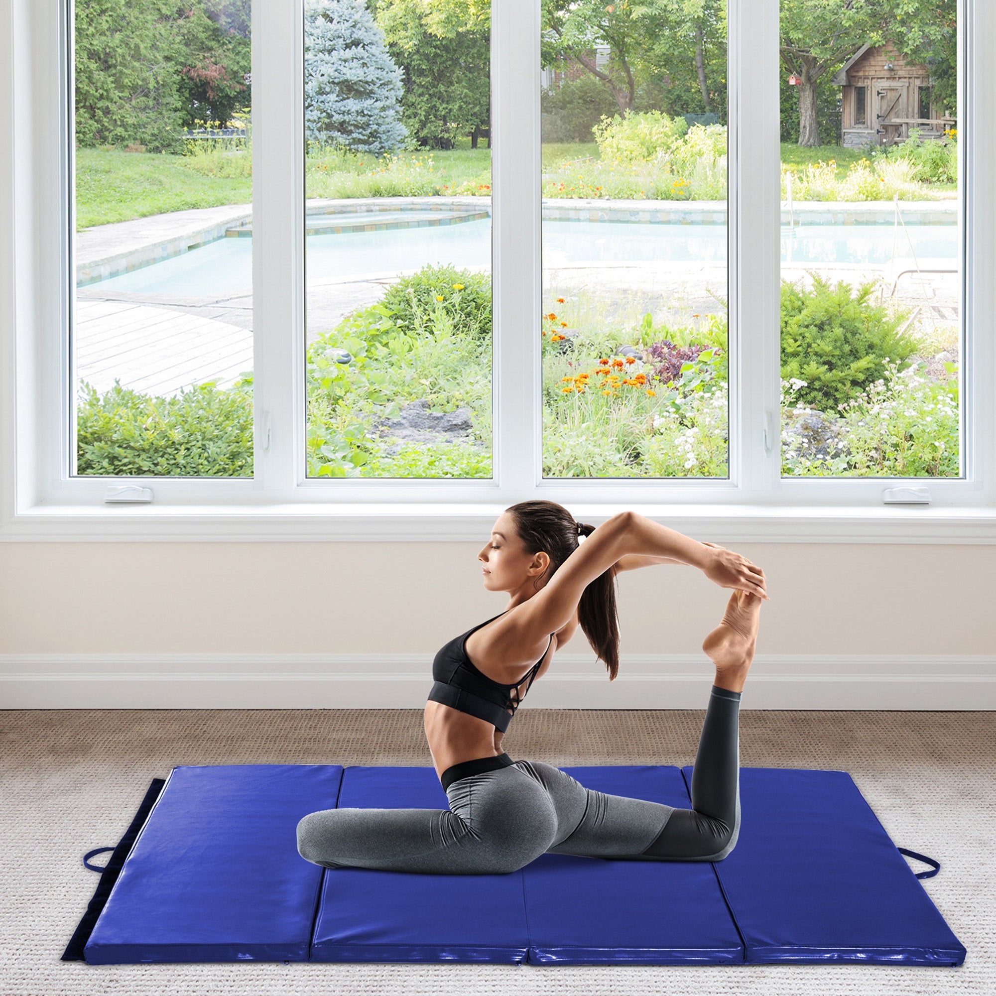 Soozier Portable Folding Gymnastics Mat 4'x6' Exercise Yoga MMA Martial Arts Stretching Mat with Handles Blue