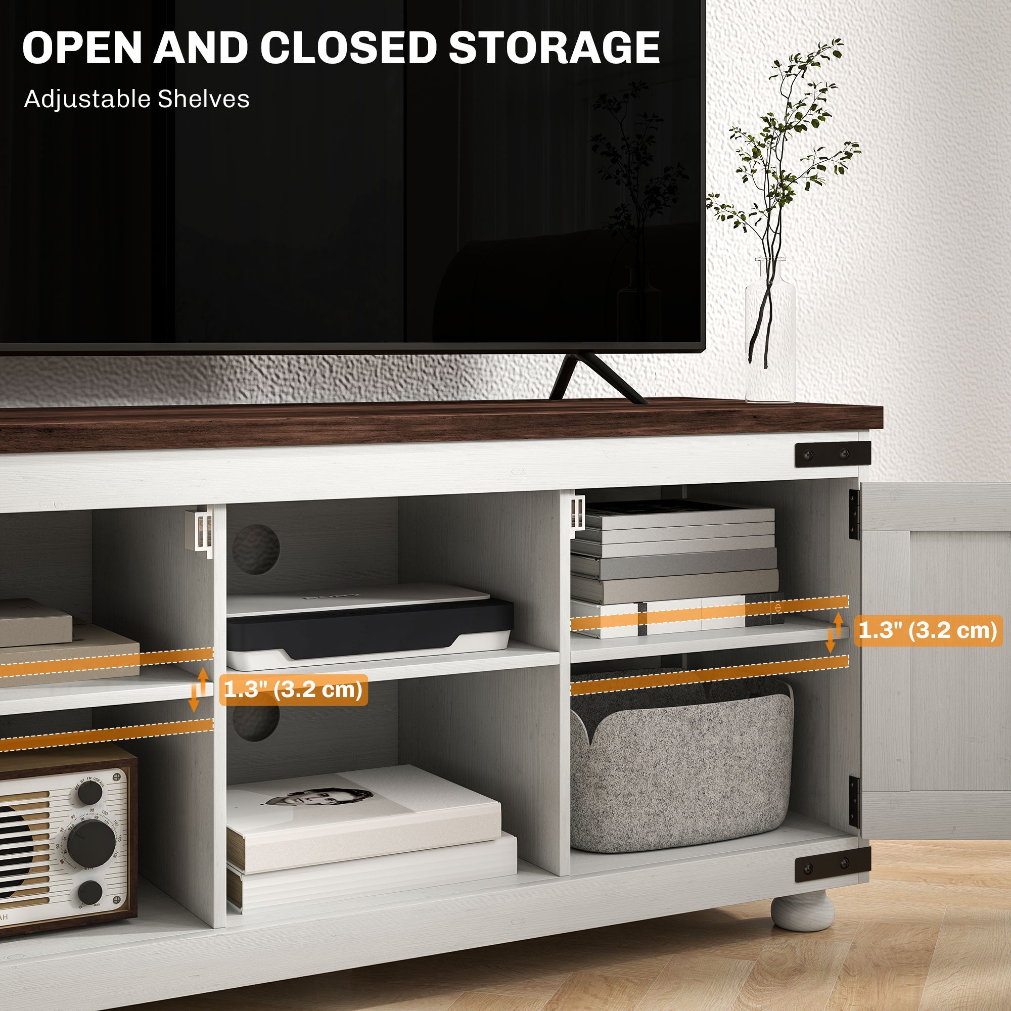 HOMCOM Farmhouse TV Stand for TVs up to 50" Barn Doors Cable Management Living Room Distressed White