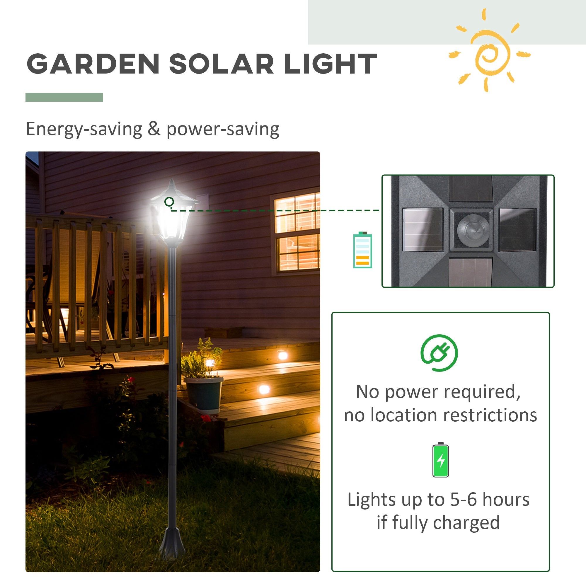 Outsunny Solar Powered LED Streetlight Style Outdoor Lamp Post Garden Light Waterproof 5-6 Hours with Base Walkway
