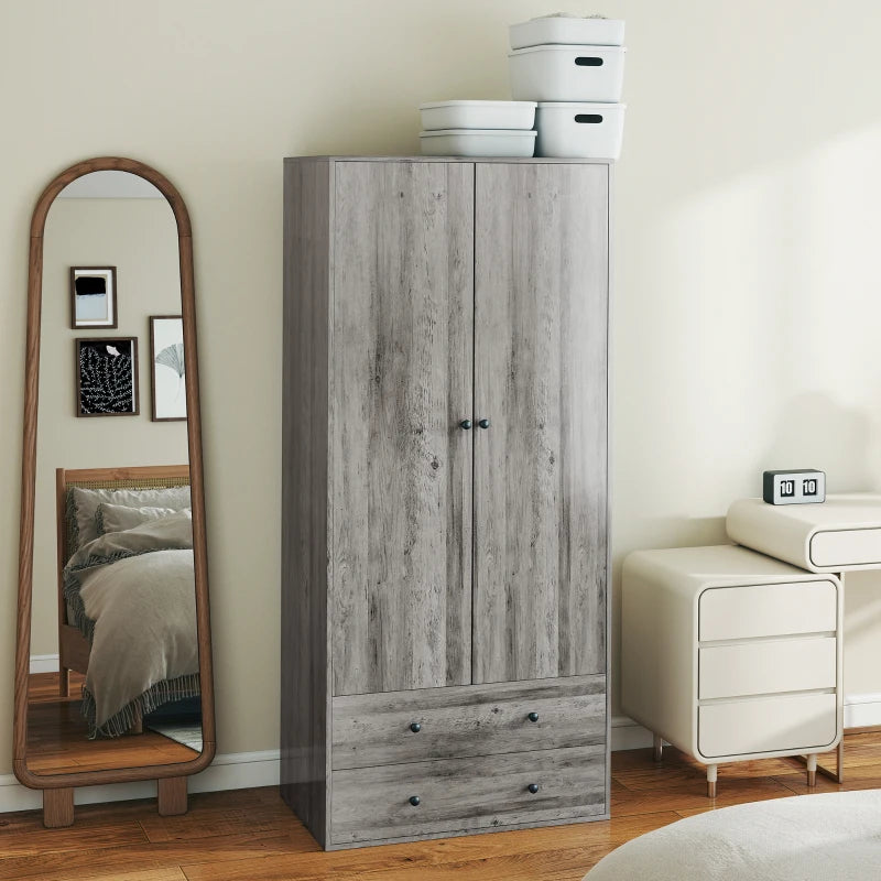 Modern Wardrobe Closet Armoire with 2 Drawers and Hanging Rod, Clothes Storage Organizer for Bedroom, Grey
