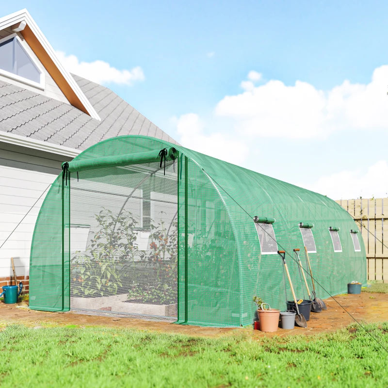 Walk-in Tunnel Greenhouse with 2 Support Rods, Mesh Door, Plant Hot House with PE Cover, 20'x10'x7', Green