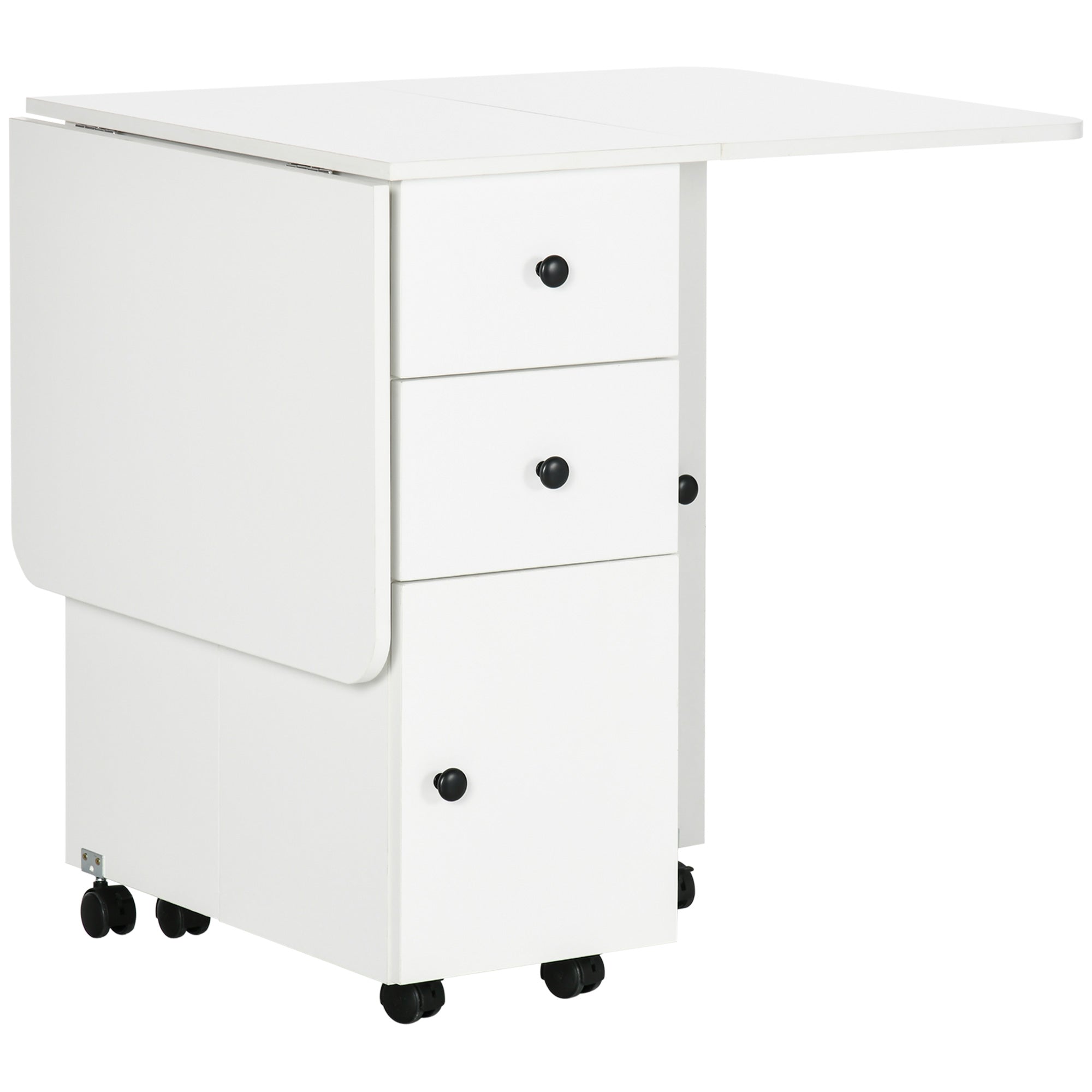 HOMCOM Rolling Kitchen Table Foldable Dining with Storage Drawers Cabinet Drop Leaf Wheels White