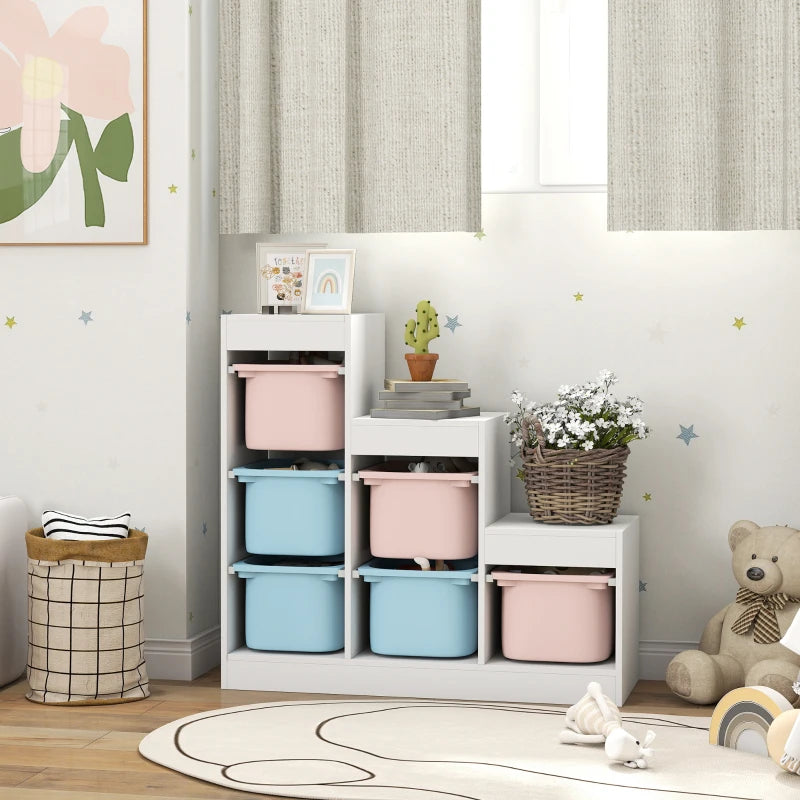 Qaba 3 Layers Toy Storage Organizer Kids Bookshelf Children Toy Storage w/ 6 Plastic Bins, Blue & Pink