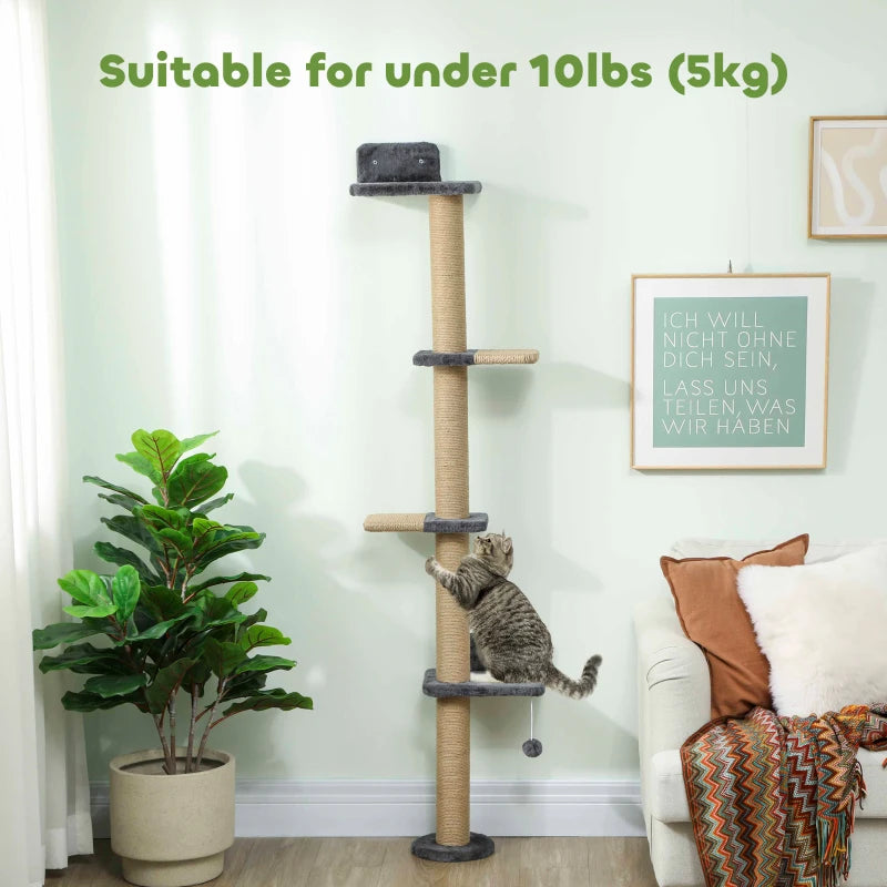 Cat Wall Shelves, Cat Wall Furniture with 4 Platforms, Jute Scratching Post for Indoor Playing, Climbing, Dark Grey
