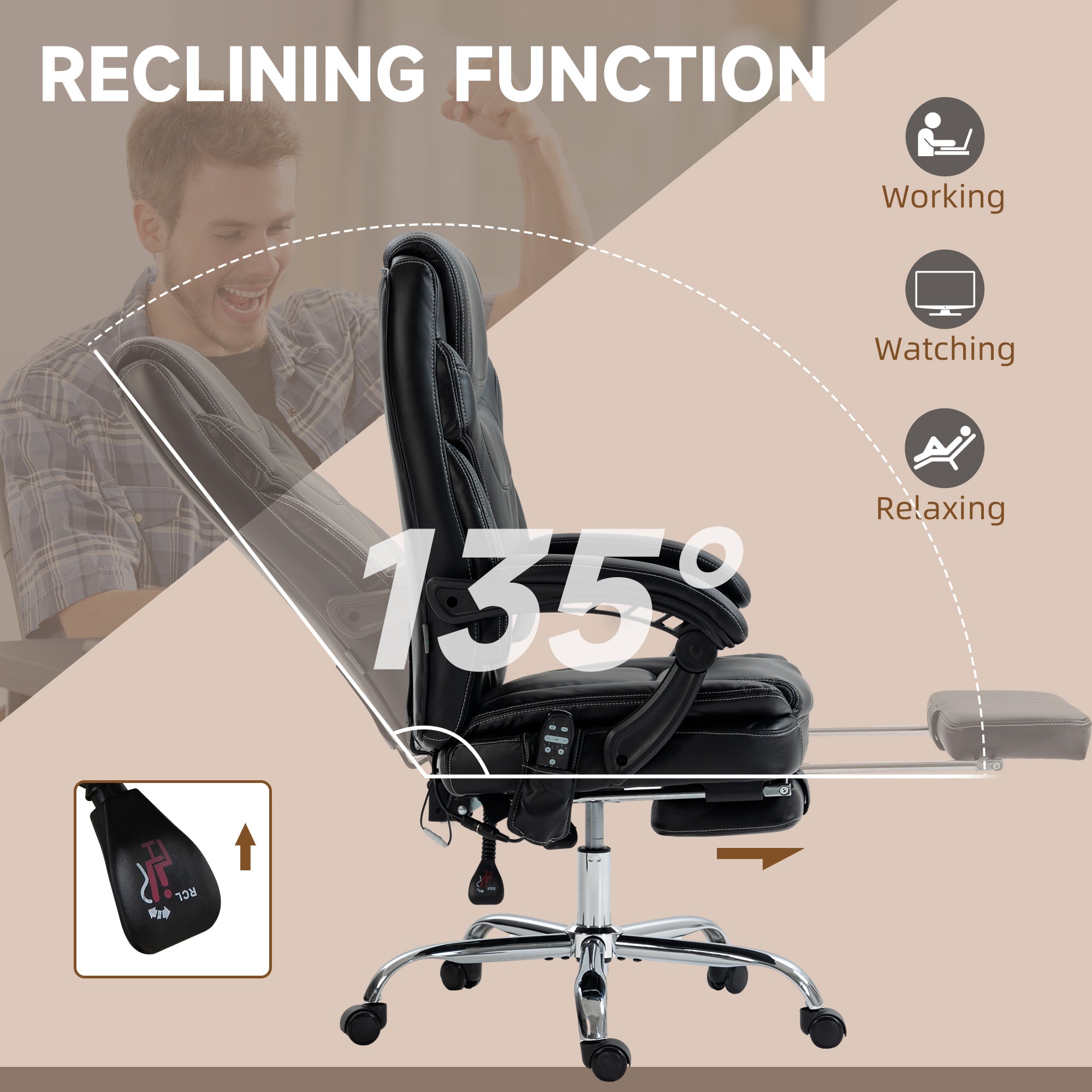 Vinsetto 6 Point Vibration Massage Ergonomic Office Chair PU Leather Heated Reclining Computer Desk Seat Footrest Lumbar Support Black