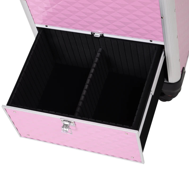 Portable Aluminum Makeup Train Cases, Rolling Makeup Case, Salon Beauty Cosmetic Jewelry Organizer Trolley with 4 Wheels, Pink