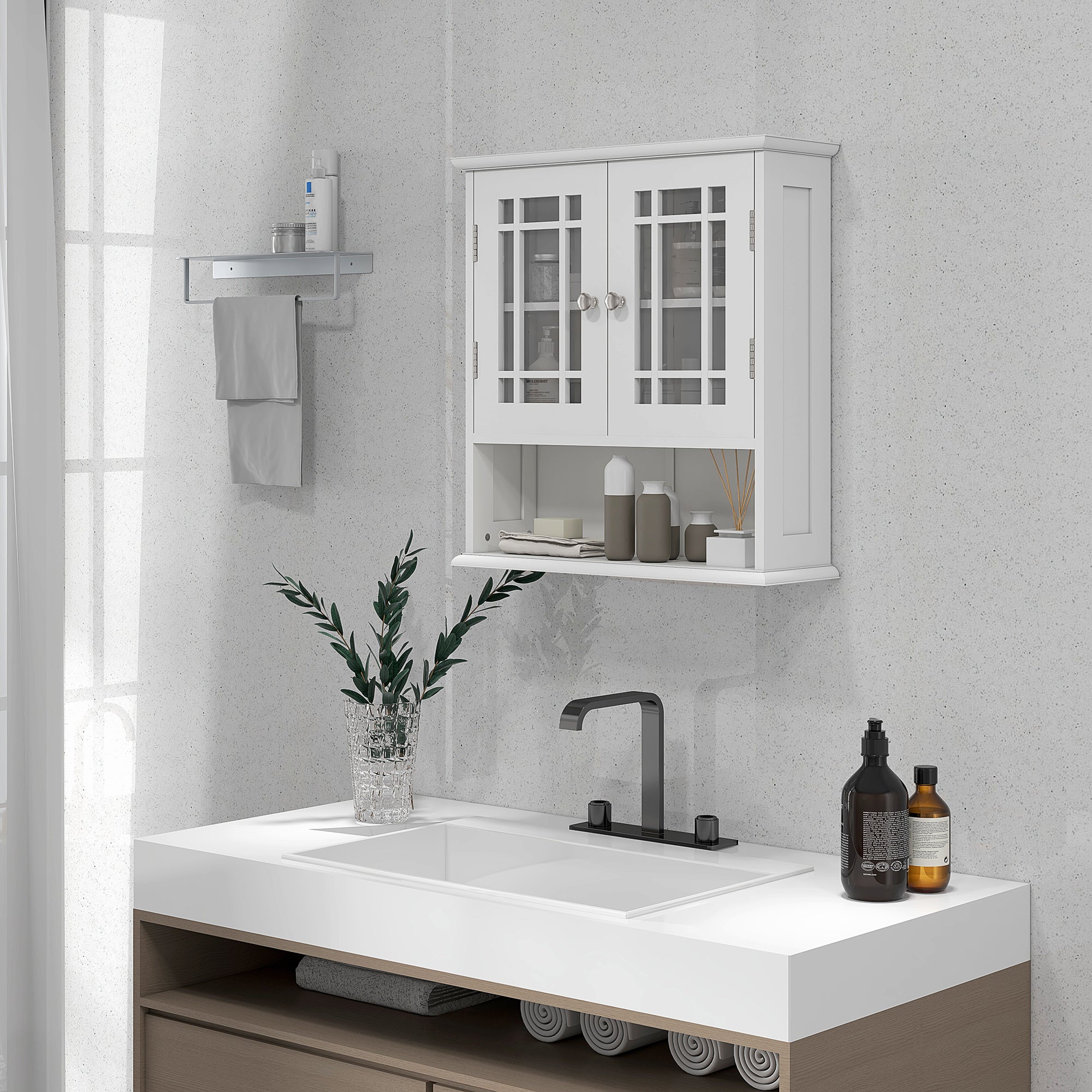 kleankin 2 Door Wall Mount Storage Organizer Modern Bathroom Cabinet with Open Shelf White