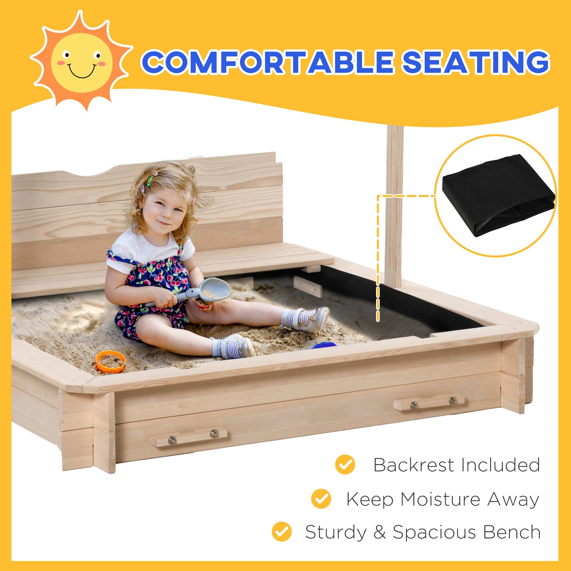 Outsunny Wooden Sandbox for Kids with Adjustable Canopy and Convertible Bench, Outdoor Playset - Sand