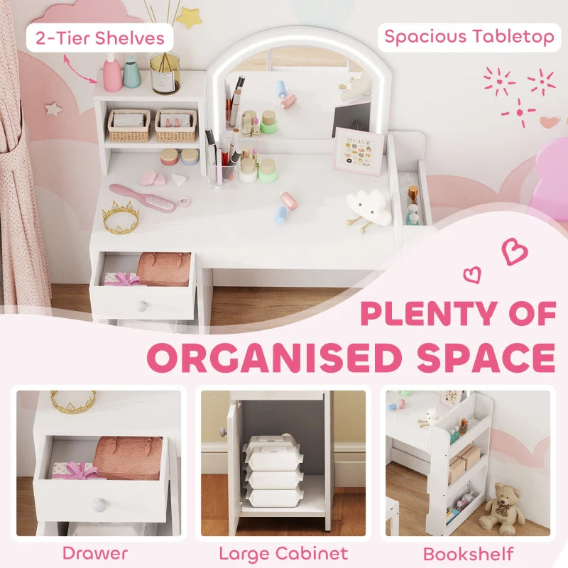 Qaba Kids Vanity Set, Toddler Dressing Table and Chair Set with Lighted Mirror, Cabinet, Drawer and Shelves, White
