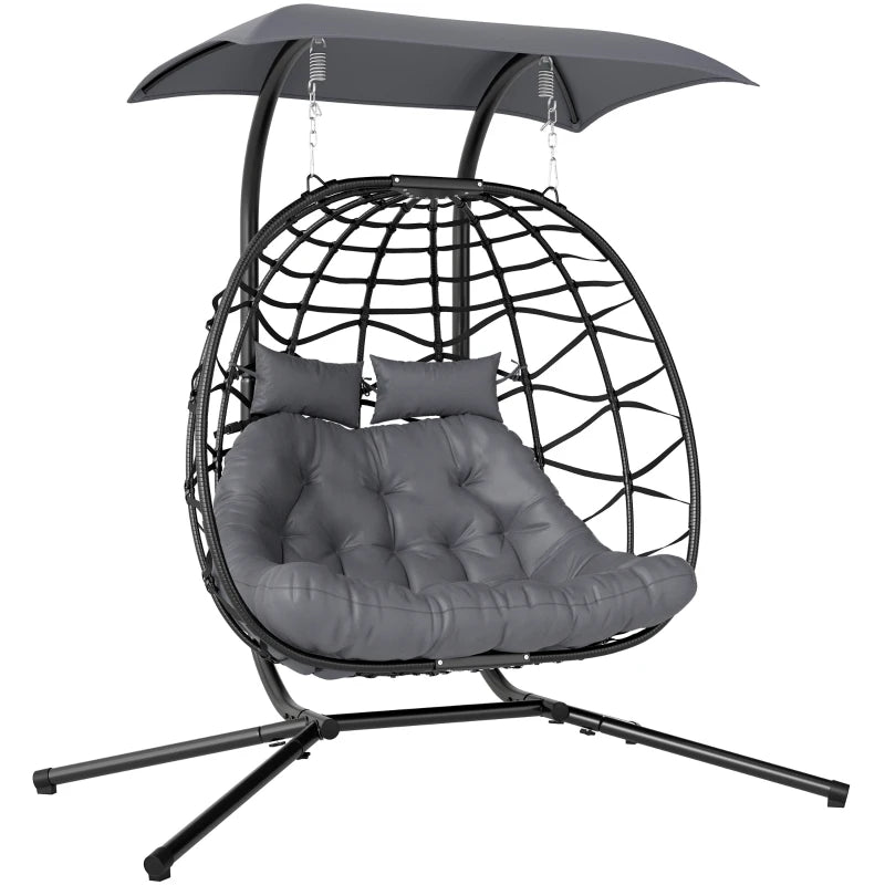 Double Wicker Egg Swing Chair with Canopy, Foldable Hanging Egg Chair with Stand Cushion Headrest, Black