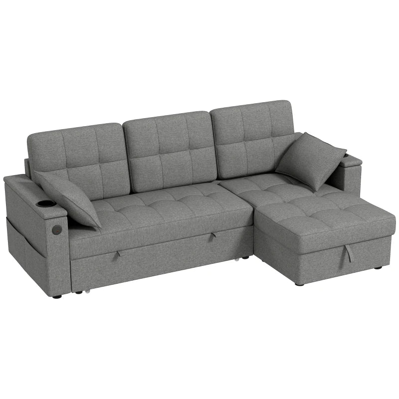 Convertible Sectional Sofa Bed, Pull Out Sleeper Sofa Couch with USB‑A+C, Chaise Storage, L-Shaped Futon Couch, Grey