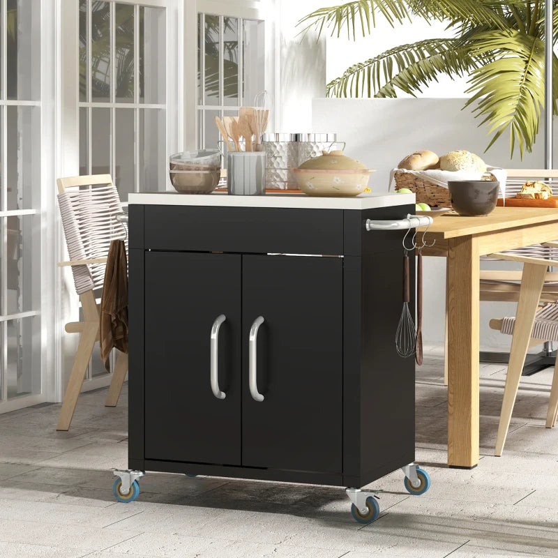 Outdoor Grill Cart with Stainless Steel Top, Pizza Oven Table with Wheels Hooks Cabinet Handles, Black