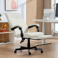 Office Chair, High Back Desk Chair, Swivel Recliner with Adjustable Height, Footrest and Padded Armrest, Cream White