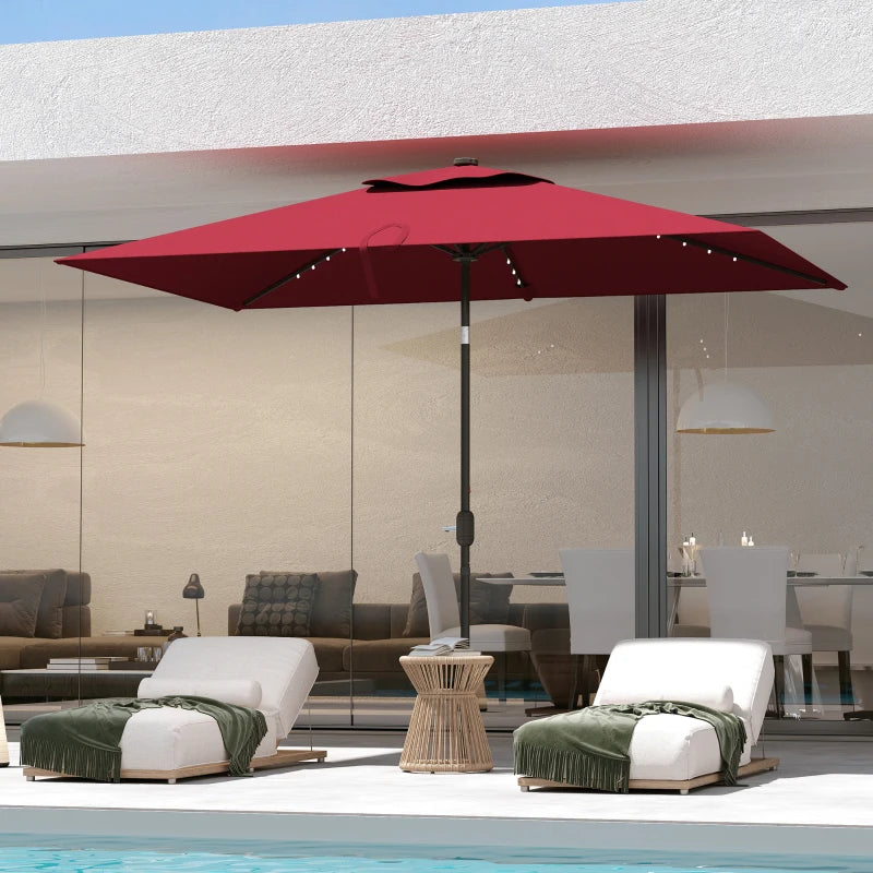 6' x 10' Patio Umbrella with 22 LED Solar Lights and Tilt, Rectangular Outdoor Table Umbrella with Crank, Wine Red