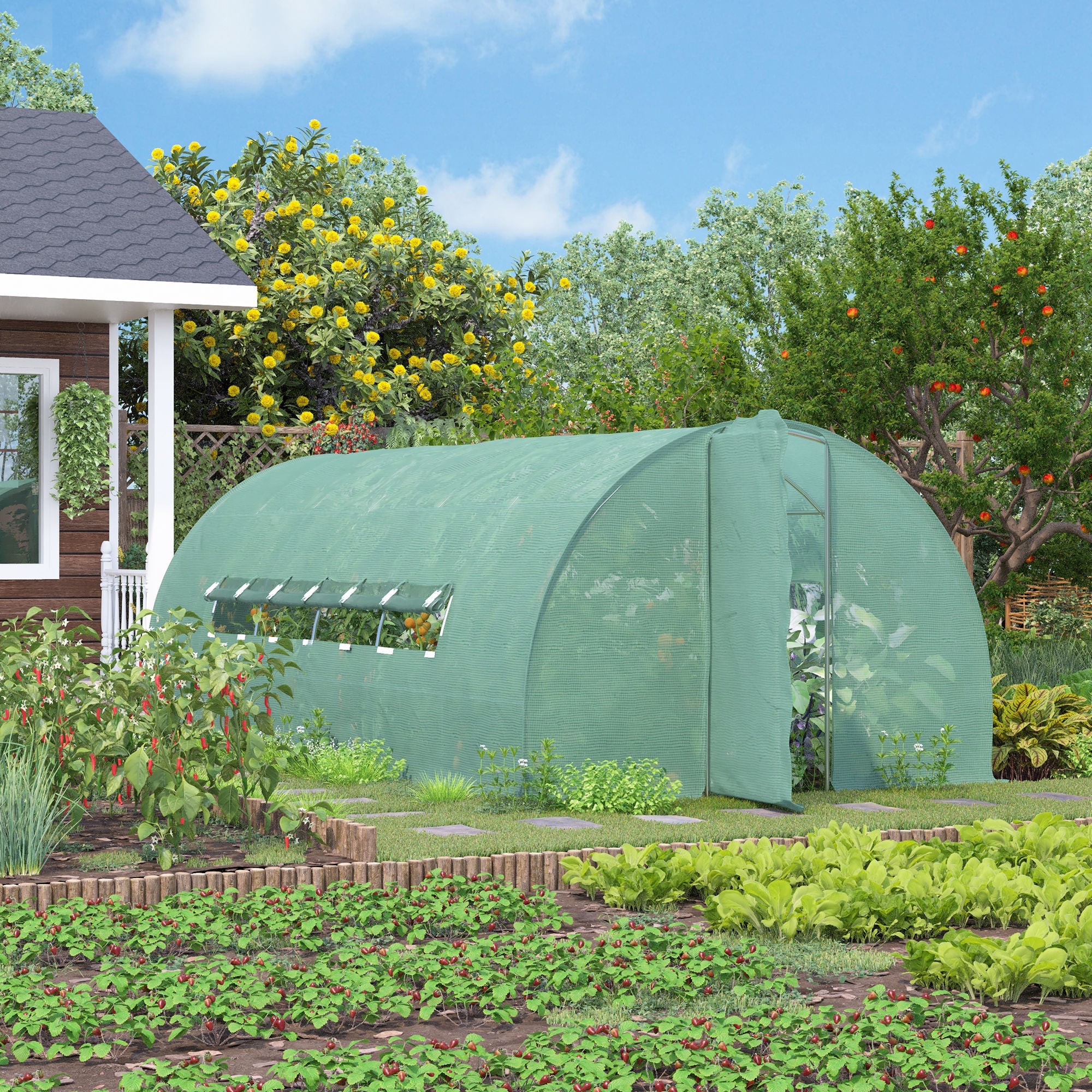 Outsunny Greenhouse Grandeur: Heavy Duty 20x10x6.6ft Outdoor Walk-in Tunnel Greenhouse w/ PE Cover, Portable Garden Plant House, Green