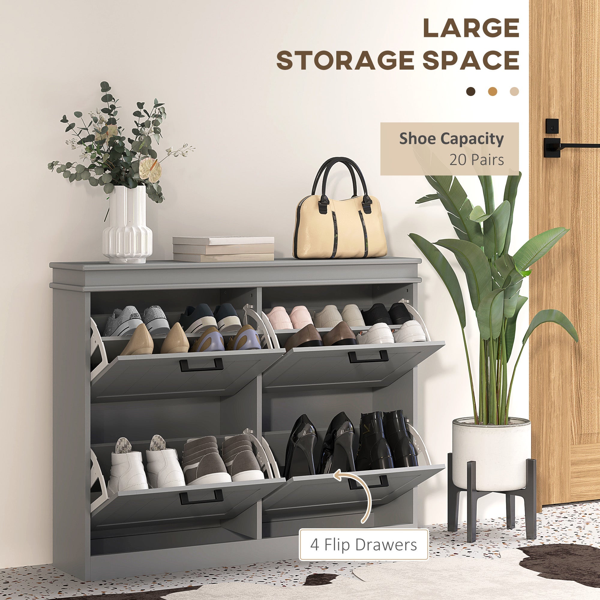 HOMCOM Shoe Storage Cabinet with 4 Flip Drawers and Adjustable Shelves, Narrow Shoe Cabinet for 20 Pairs of Shoes, Grey