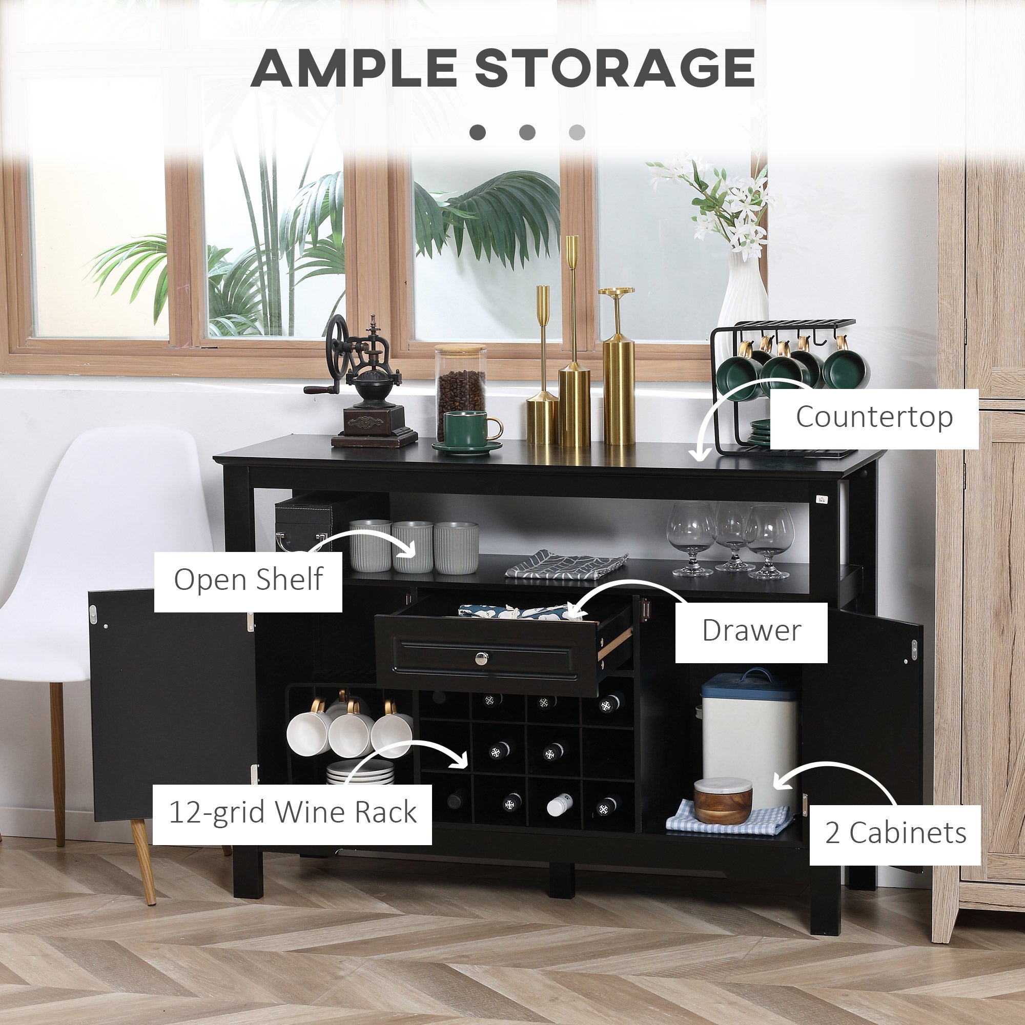 HOMCOM Black Storage Sideboard: Buffet Credenza Cabinet with Drawer & Removable Wine Rack for Kitchen/Living Room