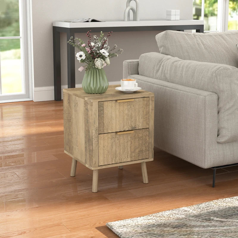 Night Stands Set of 2, Nightstands with Finger Pulls and Fluted Drawers, Bedside Tables with Round Edges, Oak