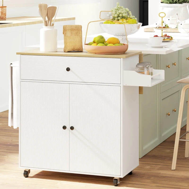 Rolling Kitchen Island with Drop Leaf, Kitchen Storage Cart with Drawer, Spice Rack and Towel Rack, White