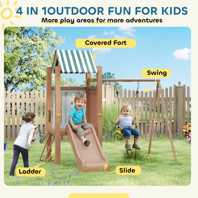 Qaba 4-in-1 Kids Swing Set for Playground with Slide, Covered Fort, Climbing Ladder, Ground Stakes, for Kids Ages 3-8, Brown
