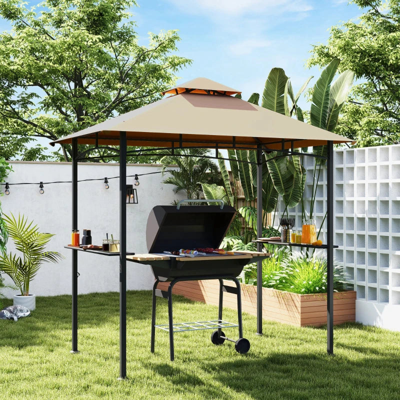 8' x 5' BBQ Grill Gazebo Tent with Double Tiered Canopy for Outdoor Sun Shade, Khaki