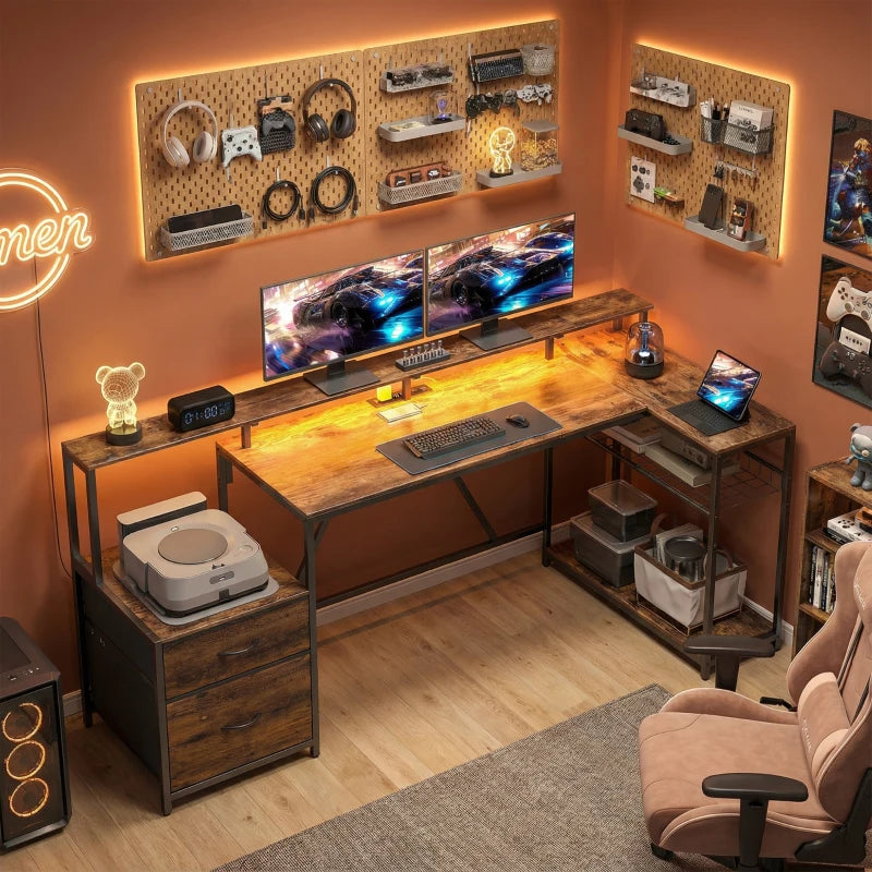76" Gaming Desk, Computer Table with RGB Lights, USB Ports, Monitor Stand and 2 Fabric Drawers, Rustic Brown